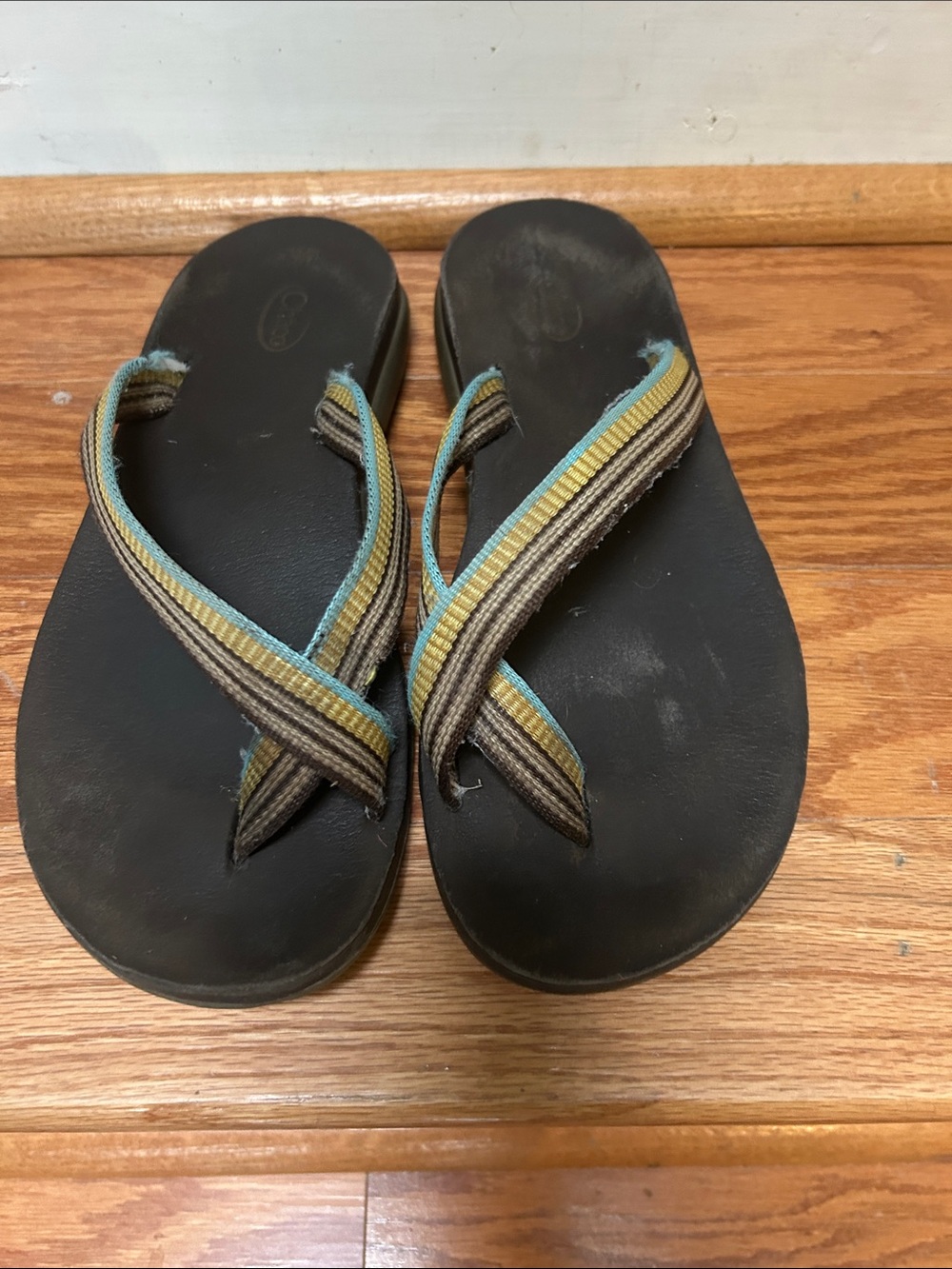 Chaco Women's Black Sandals with Blue, Yellow & Brown Straps